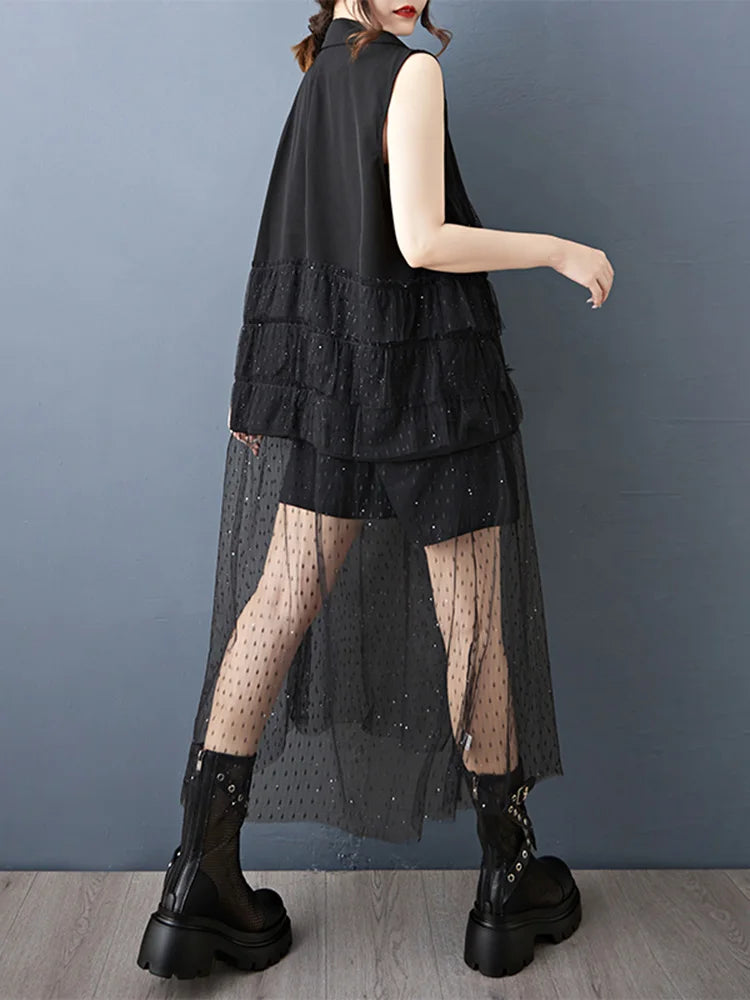 XITAO Gauze Patchwork Sequin Dress Sleeveless V-neck Loose Casual Single Breasted Solid Color Mesh Summer Woman Dress ZMY1320