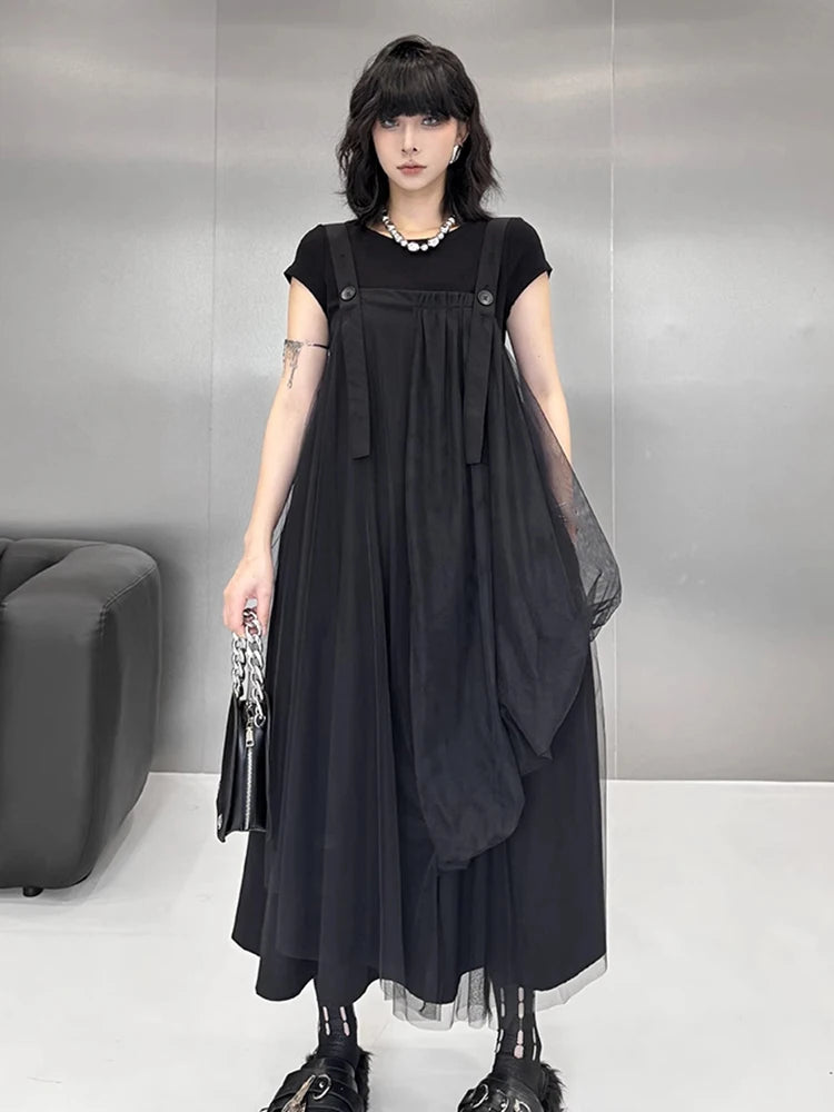 XITAO Gauze Patchwork Asymmetrical Dress Square Collar Solid Color Loose Slimming Sleeve Spaghetti Strap Casual Dress ZMY1306