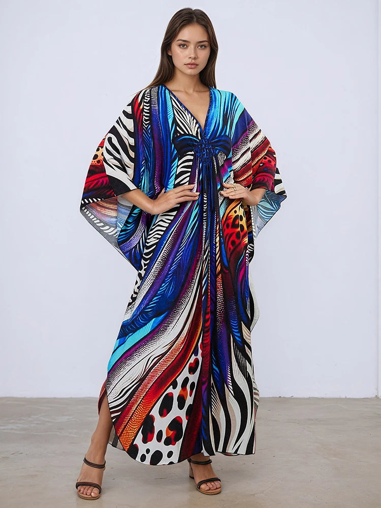 XITAO Contrast Color Print Batwing Sleeve Female Dress Pullover V-neck Loose Slim Temperament Summer Women Casual Dress GJ1145