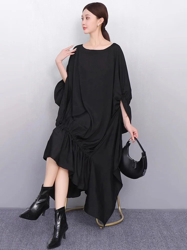 XITAO Solid Color Irregular O-neck Dress Slimming Bat Wing Sleeve Pullover Temperament Summer Woman New Arrival Dress ZMY1347