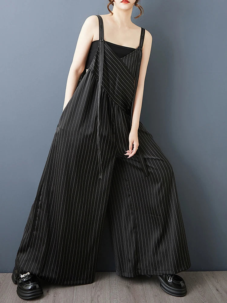 XITAO Striped Asymmetrical Casual Jumpsuits Loose Sleeveless V-neck Patchwork All-match Slimming Summer Woman Jumpsuits ZMY1404