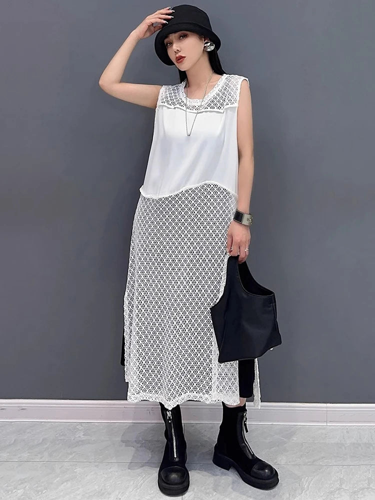 XITAO Hollow Out Patchwork Sleeveless Dress Casual Solid Color Simple A-line Fashion New Arrival Summer Women Dress ZMY1244