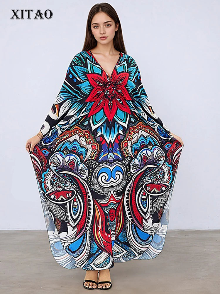 XITAO Flower Print Female Dress Full Sleeve Loose Casual Ankle-length Pullover Personality Slimming Summer Woman Dress GJ1159