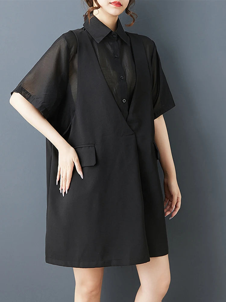 XITAO Pocket Patchwork Solid Color Shirt Dress Collar Short Sleeve Loose Slimming Summer Woman Fake Two Pieces Dress ZMY1298