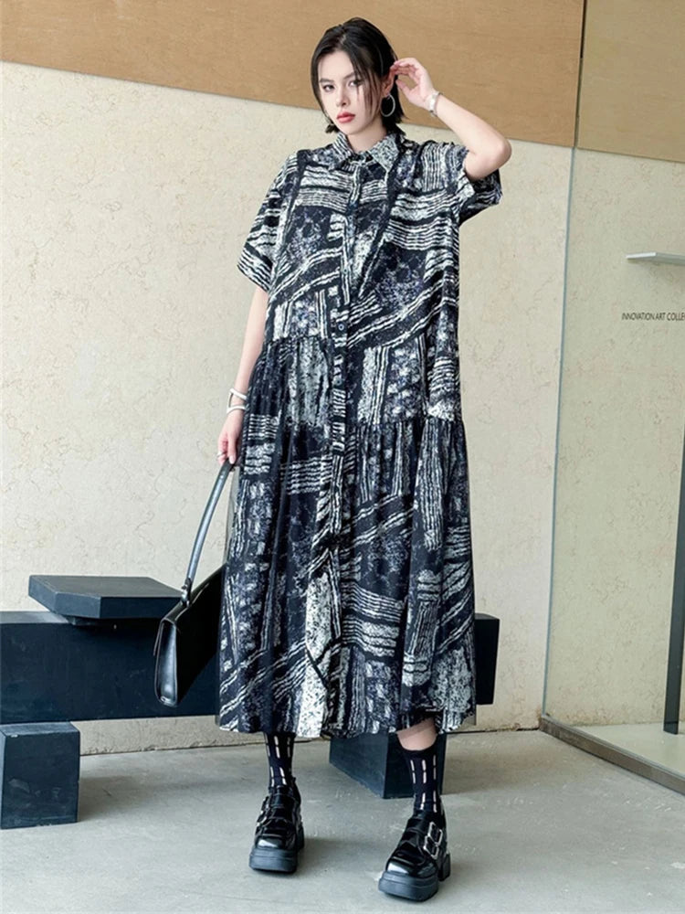 XITAO Print Gauze Patchwork Pullover Women Short Sleeve Dress Turn-down Collar Loose Slimming A-line Casual Dress ZMY1162
