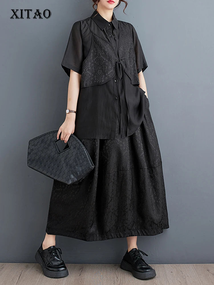 XITAO Patchwork Loose Drawstring Sets Solid Color Turn-down Collar Short Sleeve Elastic Waist Temperament Woman Sets ZMY1274