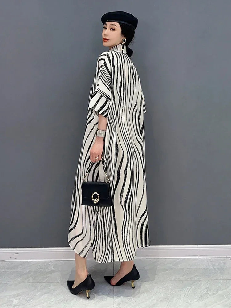 XITAO Striped Patchwork Single Breasted Dress Turn-down Collar Loose 2024 Summer New Arrival Casual Fashion All Match SMH1508