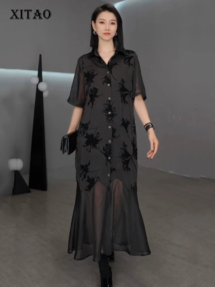 XITAO Vintage Patchwork Mesh Dress Loose Slimming A-line Women Summer Casual Single Breasted Temperament Shirt Dress ZMY1247