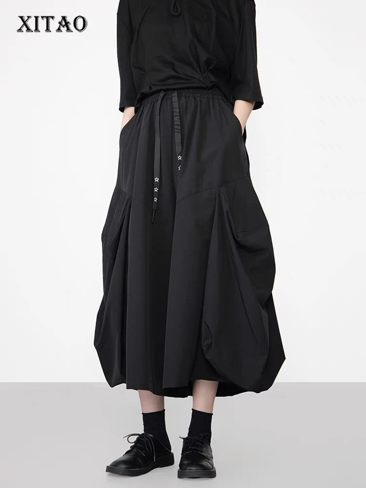 XITAO Solid Color Pleated Elastic Waist Pants Pocket Patchwork All Match Slimming Casual Fashion Loose Ankle-length Pants ZY8944