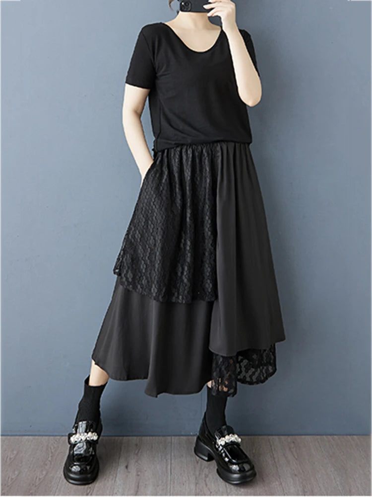 XITAO Patchwork Mesh Asymmetric Skirt Casual Solid Color Wide-leg Loose Fitting New Slimming Korea Spring Female Skirt GYX1526