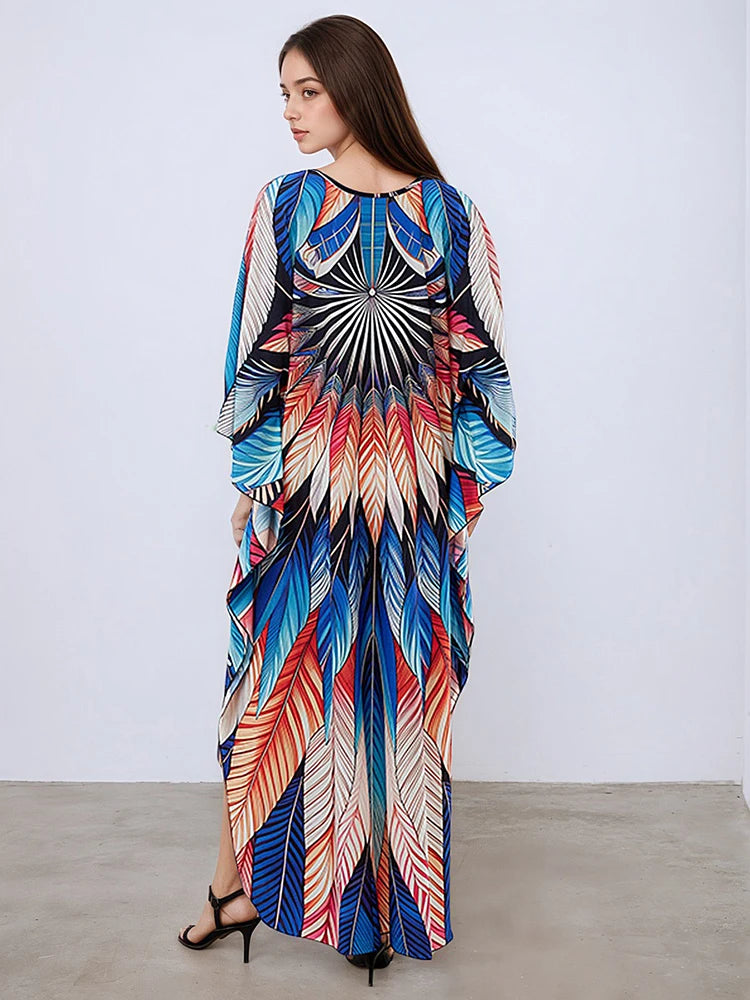 XITAO Contrast Color Print Patchwork Batwing Sleeve Dress Pullover Loose Slimming Casual Ankle-length Summer Women Dress GJ1142