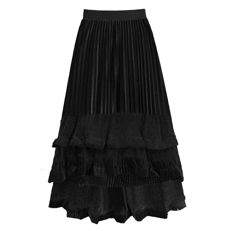 XITAO Asymmetrical Fold Patchwork Skirts Elastic Waist Solid Color A-line Loose Vintage Slimming Temperament Skirt GYX1517