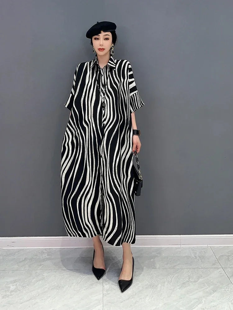 XITAO Striped Patchwork Single Breasted Dress Turn-down Collar Loose 2024 Summer New Arrival Casual Fashion All Match SMH1508