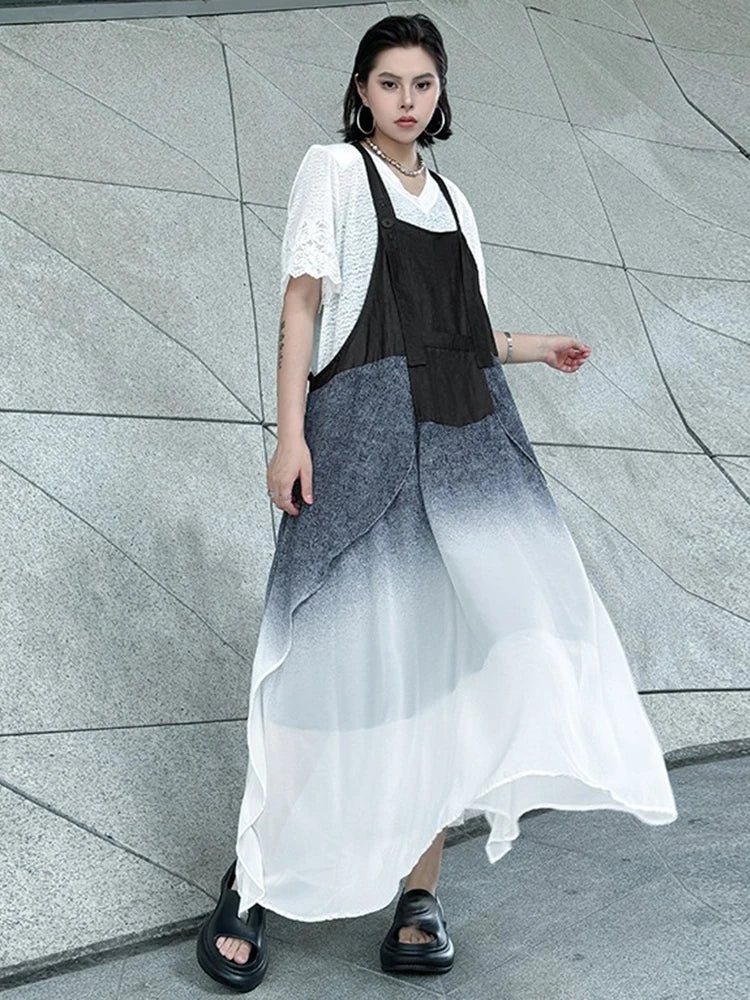 XITAO Gradient Pocket Patchwork Dress Sleeveless Loose Casual Square Collar Slimming Temperament Summer Woman Dress GYX1666