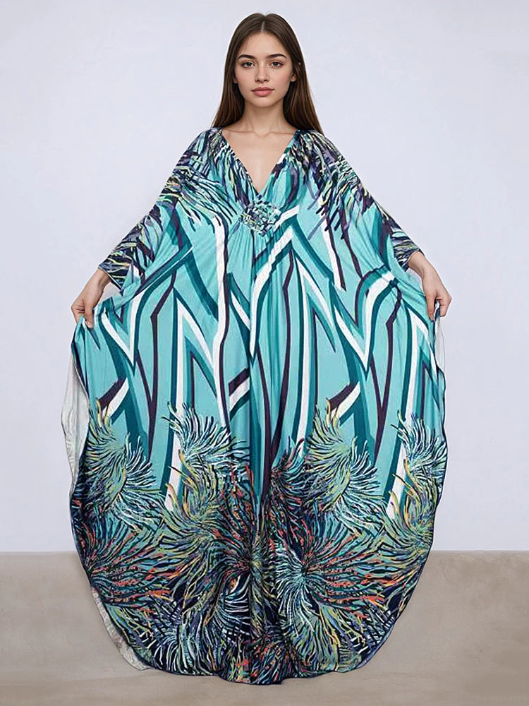 XITAO Print Batwing Sleeve Dress Casual A-line Personality Loose Fitting V-neck Full Sleeve New Summer Female Dress GJ1150