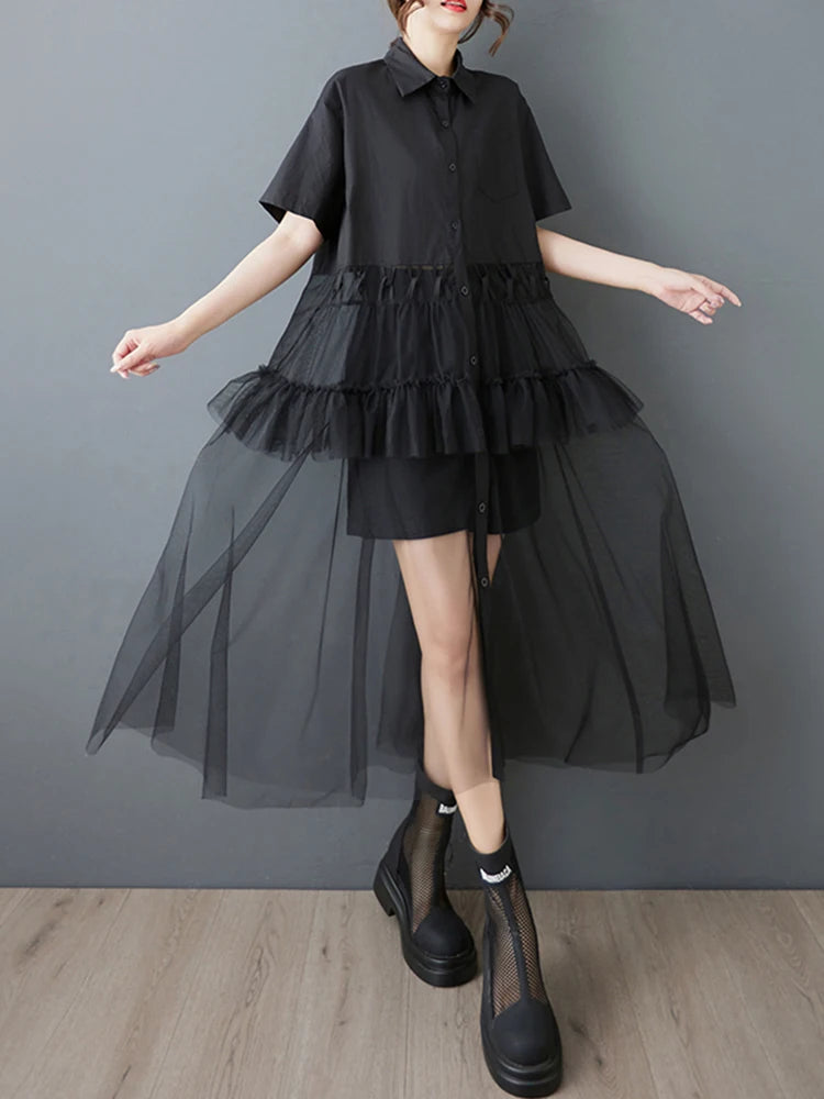 XITAO Patchwork Mesh Pleated Dress Casual Short Sleeve Turn-down Collar Single Breasted A-line Fashion Women Dress ZMY1195