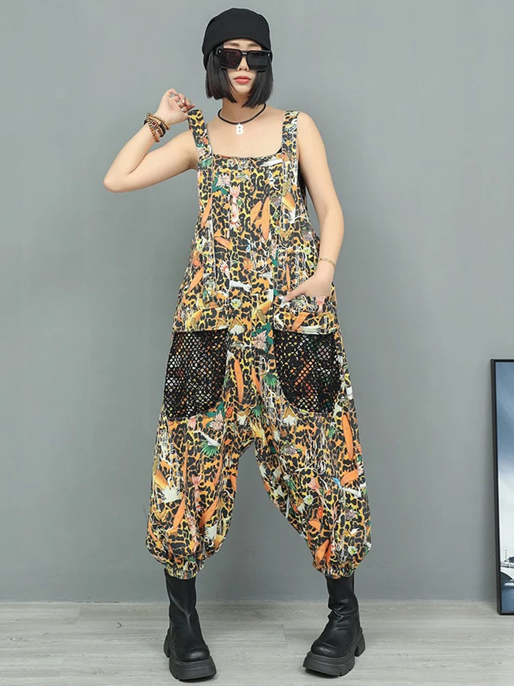 XITAO Patchwork Mesh Pocket Lapel Two Piece Jumpsuit Women Casual Loose Fitting Sleeveless Top Personality Summer GYX1611