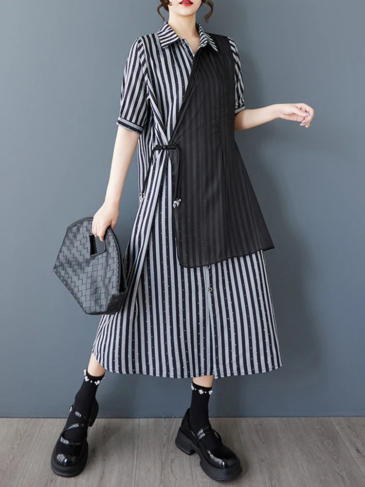 XITAO Striped Sequined Patchwork Female Dress Loose Turn-down Collar Asymmetrical Personality Summer Woman Shirt Dress ZMY1241