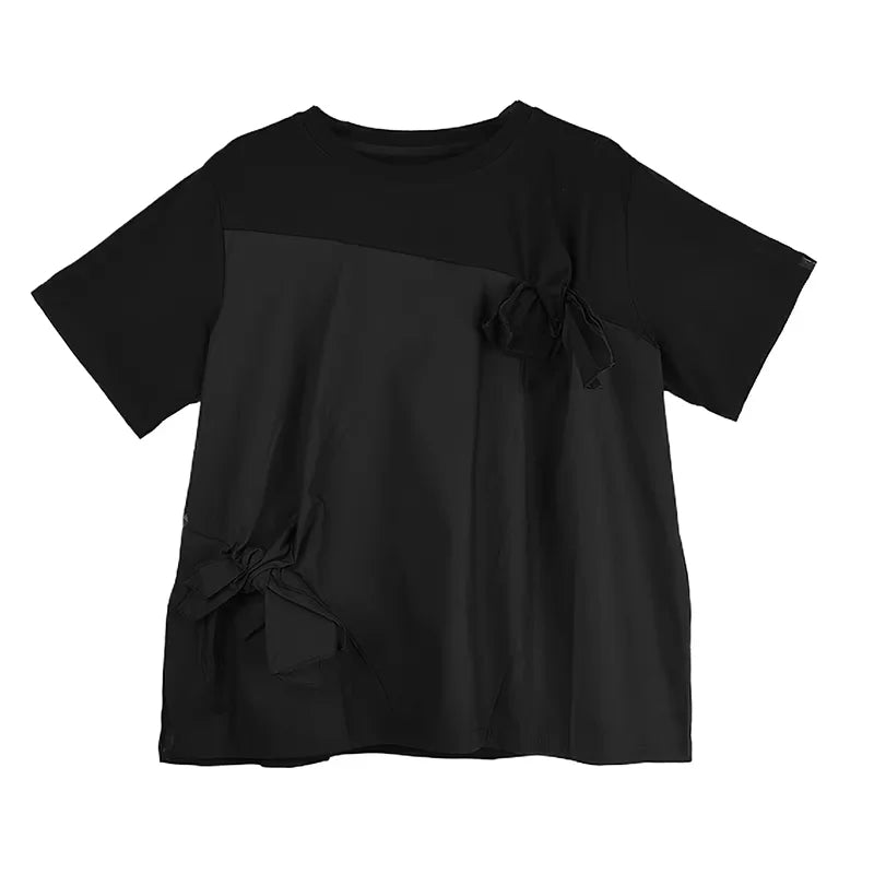 XITAO Patchwork O-neck Flower T-shirt Casual Short Sleeve Loose Fitting Bow Simple New Asymmetric Summer Women T-shirt GYX1610