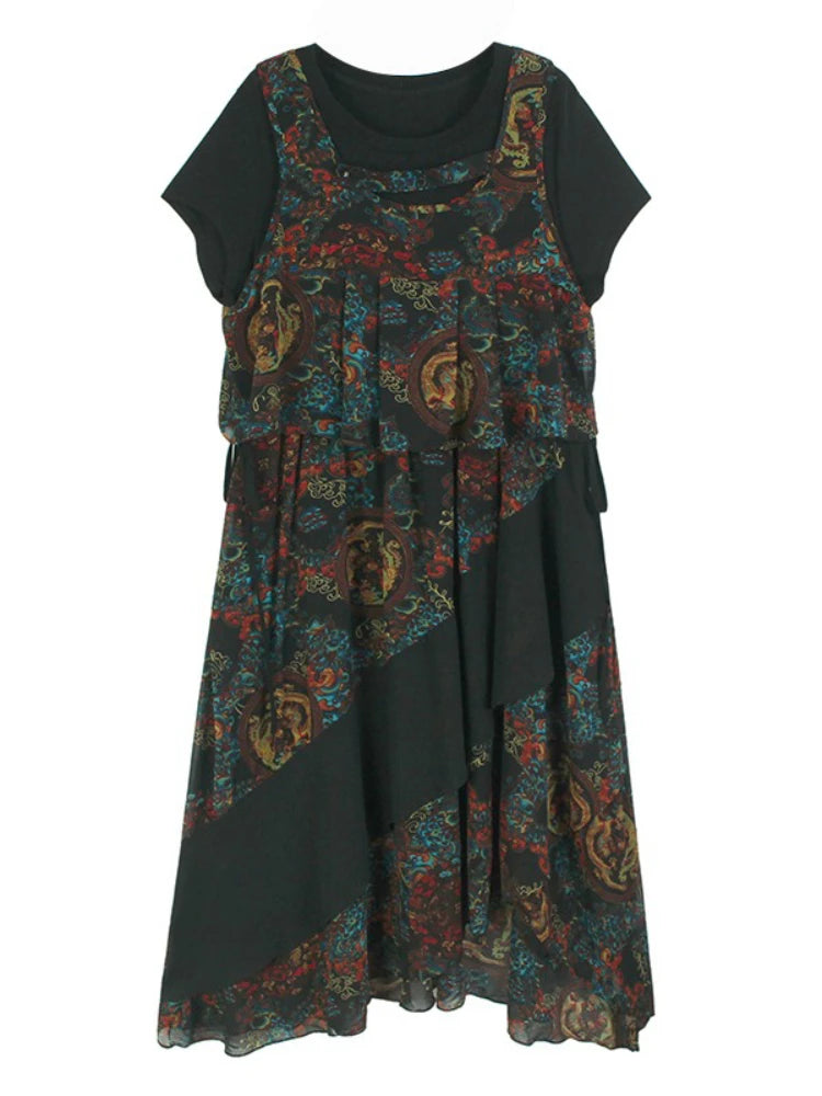 XITAO Sleeveless Vest Print Asymmetrical Dress Pieces Dress O-neck Pullover Patchwork Loose Pocket Slimming Casual Dress GYX1563