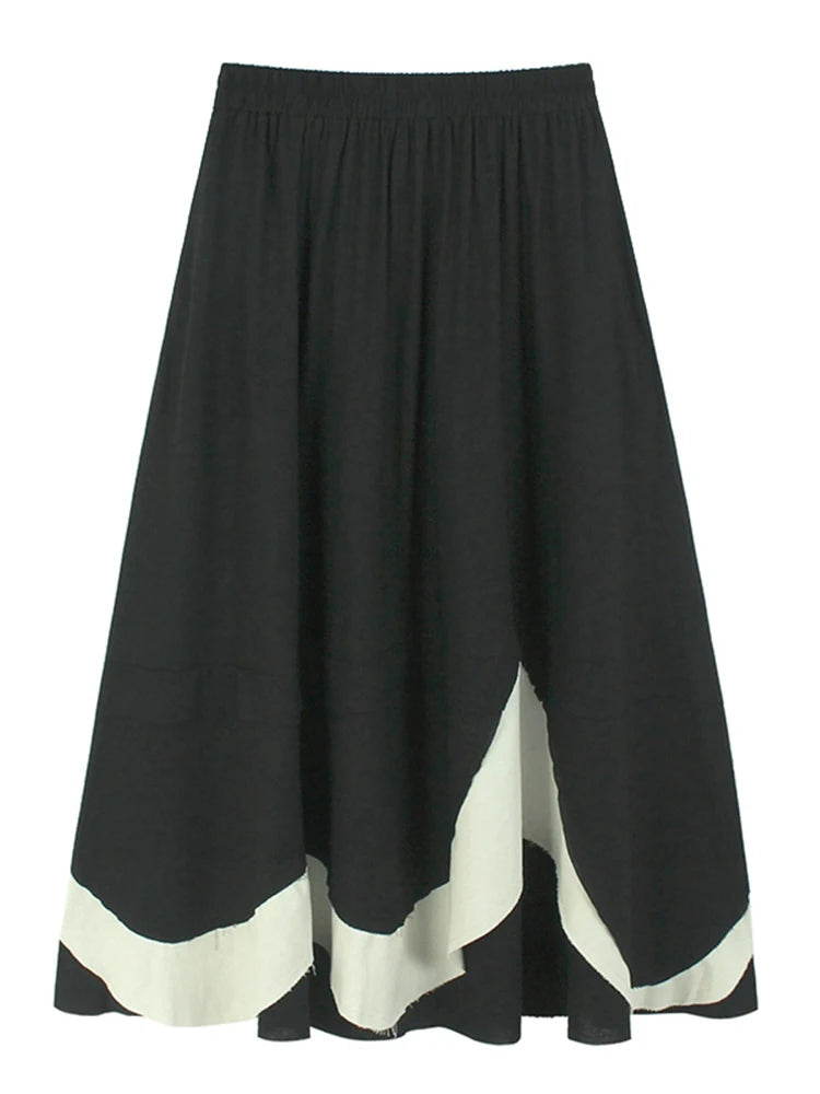 XITAO Contrast Color Patchwork Pocket Asymmetrical Skirt Elastic Waist Loose Slimming Casual A-line Mid-calf Skirt HQQ2447