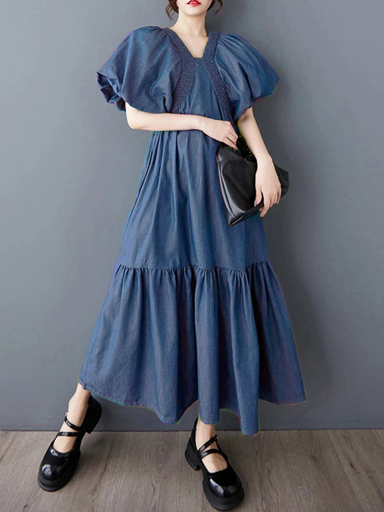 XITAO Puff Sleeve Solid Color Pleated Female Dress V-neck Patchwork Personality Temperament Elegant Summer Woman Dress ZMY1255