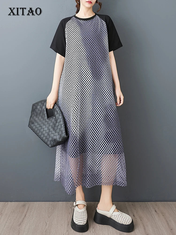 XITAO Patchwork Contrast Color Female Dress Mesh Hollow Out O-neck Short Sleeve Temperament Loose Summer Woman Dress ZMY1258