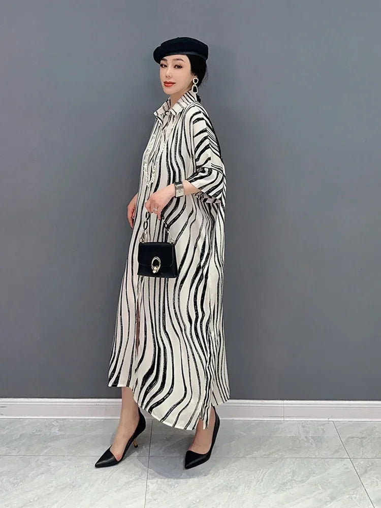 XITAO Striped Patchwork Single Breasted Dress Turn-down Collar Loose 2024 Summer New Arrival Casual Fashion All Match SMH1508