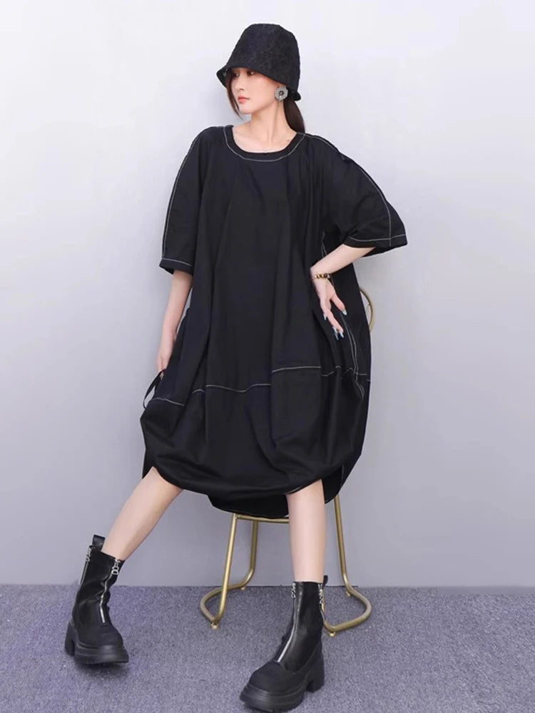 XITAO Asymmetrical O-neck Pullover Dress Solid Color Half Sleeve Patchwork Loose Slimming Casual All Match Women Dress ZMY1391