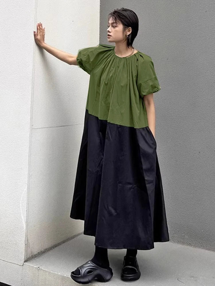 XITAO Patchwork Contrast Color Dress O-neck Loose Casual Short Sleeve Simple Slimming Personality Summer Woman Dress HQQ2491