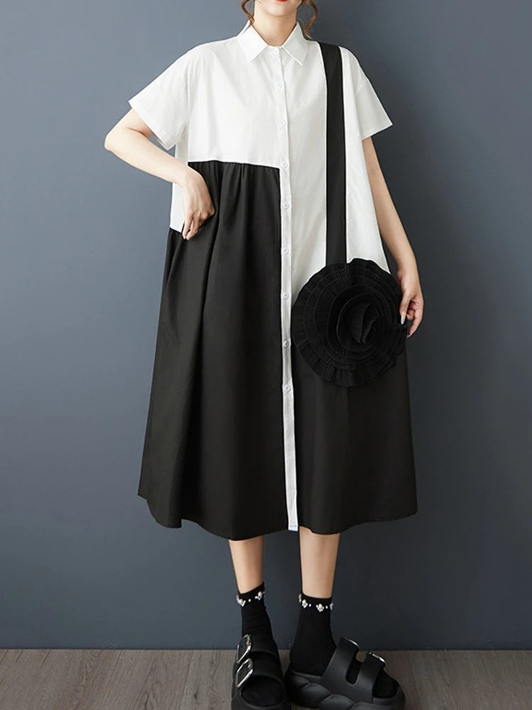 XITAO Patchwork Contrast Color Women Dress Casual Turn-down Collar Sweet Short Sleeve Temperament Summer Female Dress ZMY1361