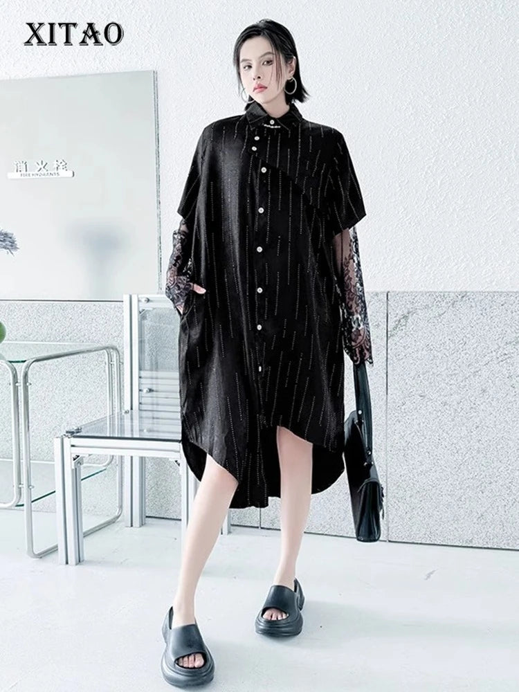 XITAO Asymmetrical Lace Patchwork Stripe Dress A-line Single Breasted Turn-down Collar Personality Spring Women Dress ZMY1345