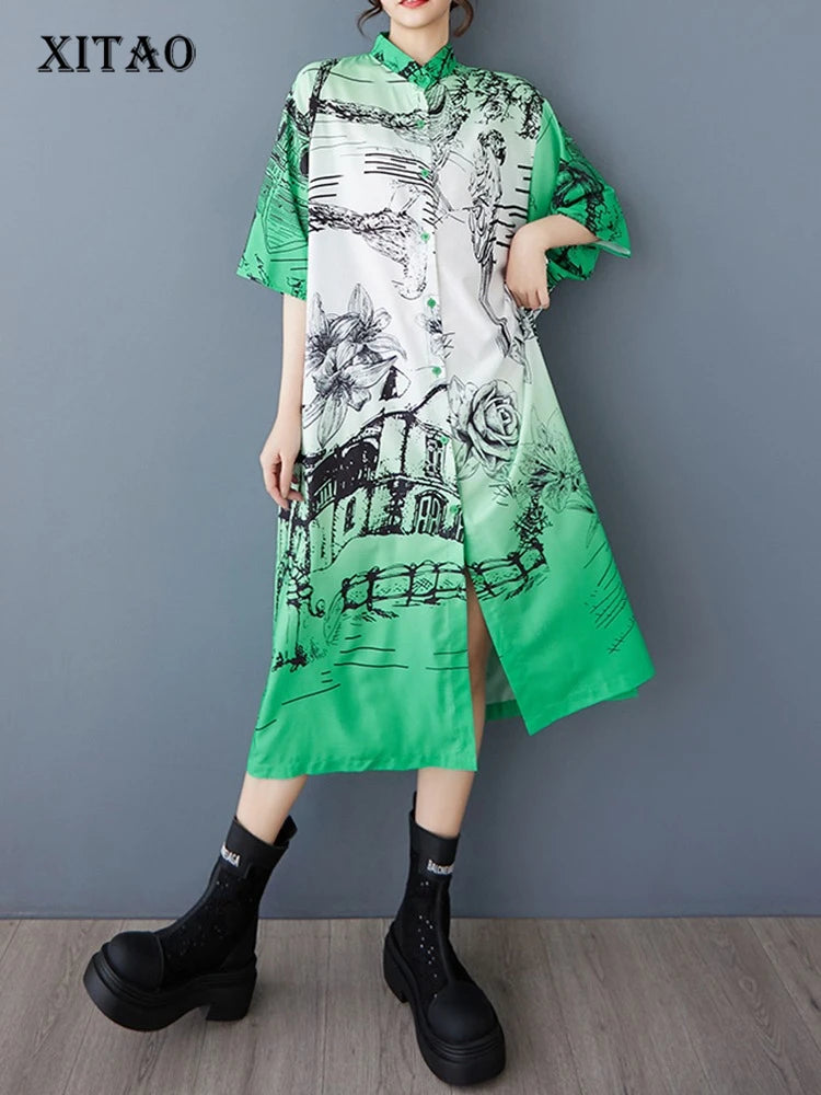 XITAO Contrast Color Print Pocket Patchwork Dress Turn-down Collar Single Breasted Short Sleeve Loose Casual Shirt Dress ZMY1169