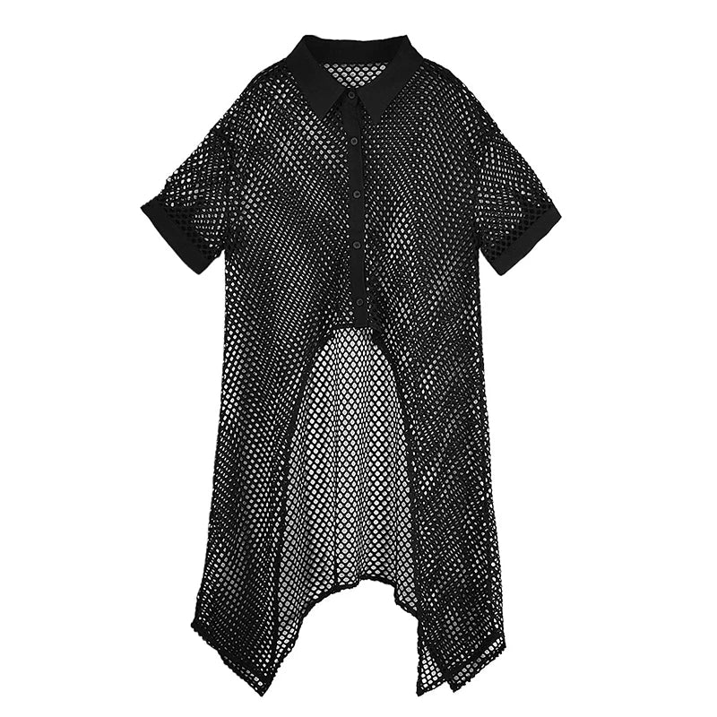 XITAO Irregular Hollow Out Dress Mesh Turn-down Collar Single Breasted Loose Casual Solid Color Summer Woman Dress ZMY1254