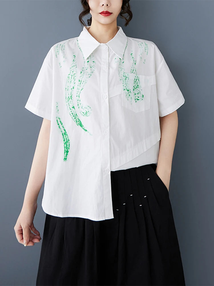 XITAO Contrast Color Print Patchwork Women Shirt Turn-down Collar Short Sleeve Vintage Loose All Match Casual Top HQQ2452