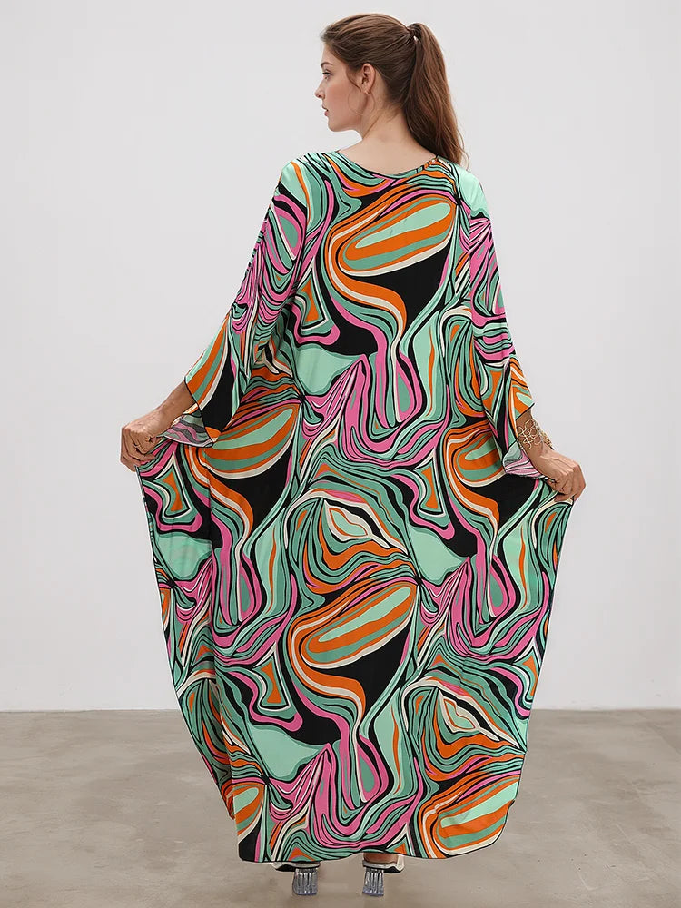 XITAO Vintage Print Contrast Color Dress V-neck Bat Wing Sleeve Loose Slimming Temperament Fashion Summer Woman Dress GJ1196