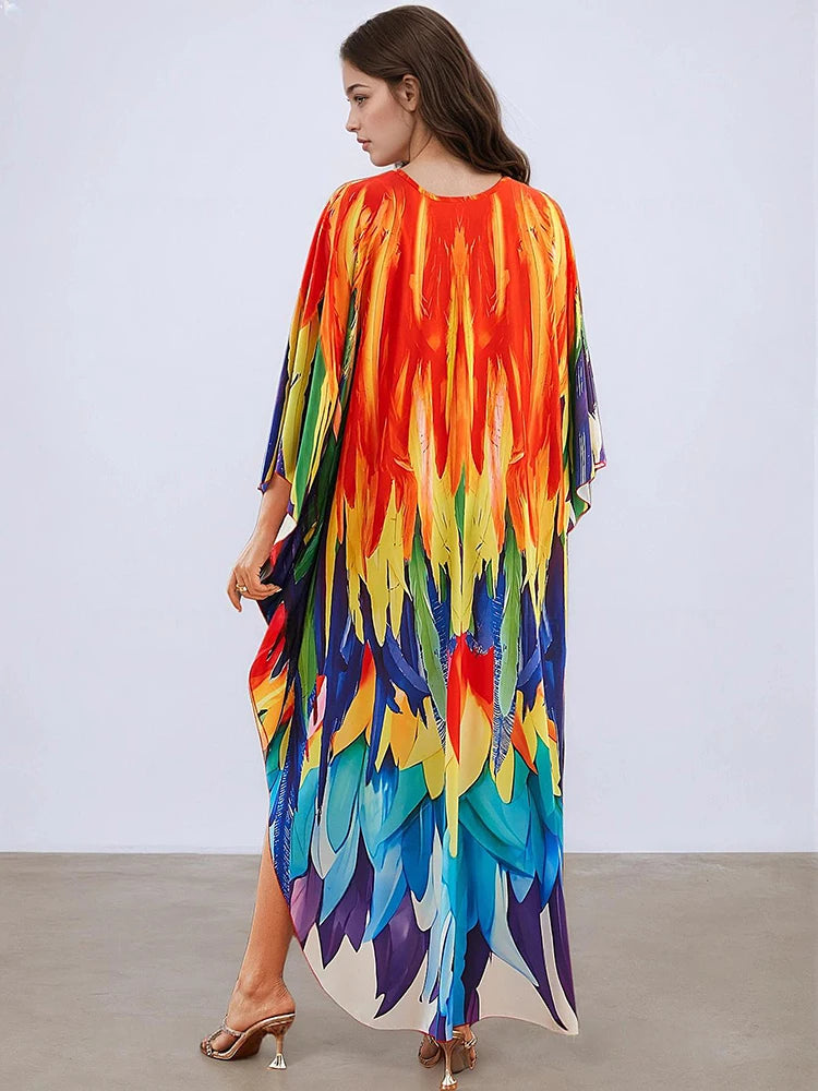 XITAO Bat Wing Sleeve Vintage V-neck Print Dress Loose V-neck Casual Side Slit Temperament Personality Summer Woman Dress GJ1160
