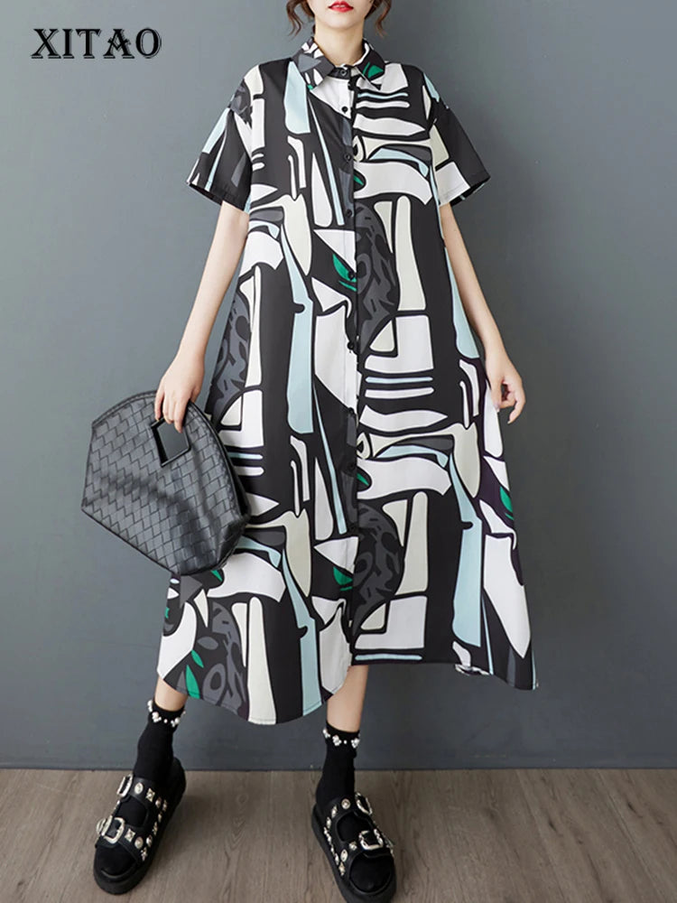 XITAO Print Pocket Patchwork Dress Single Breasted Short Sleeve Turn-down Collar Loose Casual Slim Summer Shirt Dress ZMY1137