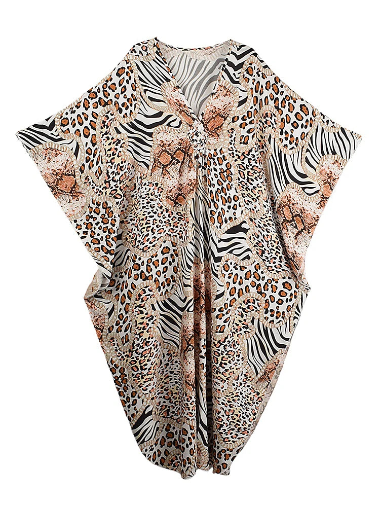 XITAO Leopard A-line Dress Vintage Side Slit V-neck Bat Wing Sleeve Loose Personality New Arrival Summer Woman Dress GJ1172