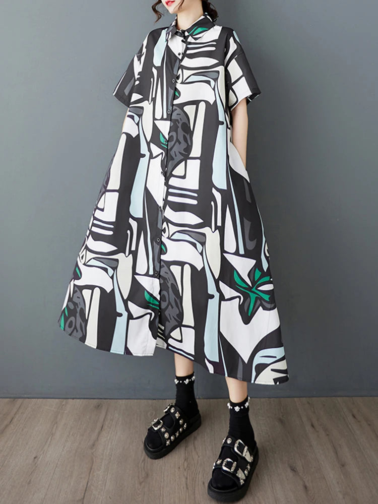 XITAO Print Pocket Patchwork Dress Single Breasted Short Sleeve Turn-down Collar Loose Casual Slim Summer Shirt Dress ZMY1137