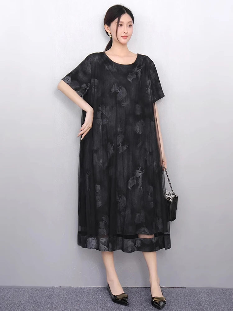 XITAO Loose Mesh Patchwork Print Female Dress Fashion Elegant Trend A-line Women Short Sleeve O-neck Pullover Dress ZMY1250