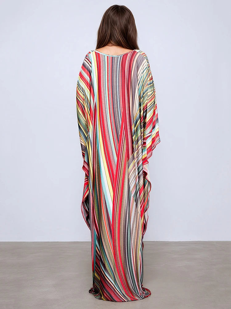 XITAO Print Contrast Color Dress Casual A-line Pullover Fashion V-neck Long Style New Batwing Sleeve Summer Women Dress GJ1149