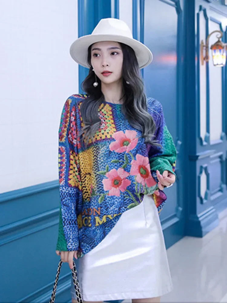 XITAO Contrast Color Knitting Sweater Vintage Splicing Loose Simplicity O-neck Collar Pullover Top Spring All-match New WLD15001