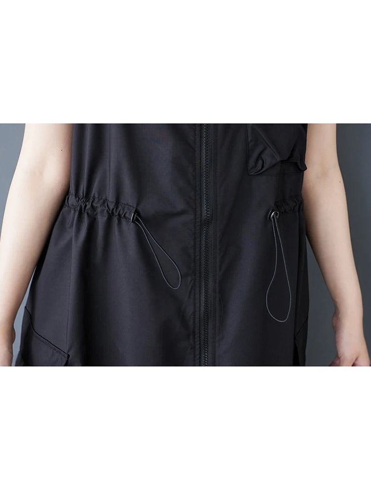 XITAO Zipper Pocket Patchwork Shirring Dress Solid Color Sleeveless Loose Casual Slim Summer Personality A-line Dress ZMY1217