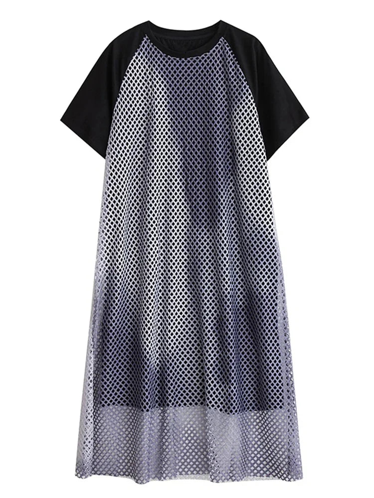 XITAO Hollow Out Patchwork Mesh Grid Dress O-neck Casual Short Sleeve Loose Temperament Pullover Summer Woman Dress ZMY1280