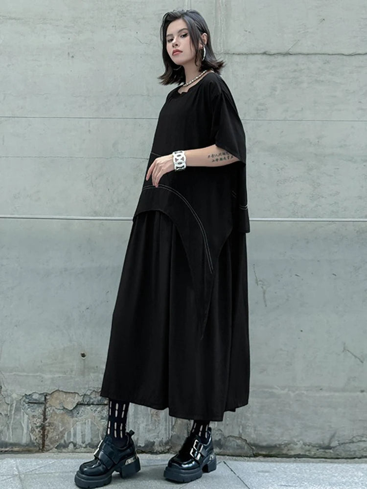 XITAO Patchwork Solid Color Loose Dress O-neck Short Sleeve A-line Pullover Slimming Temperament Summer Woman Dress ZMY1379