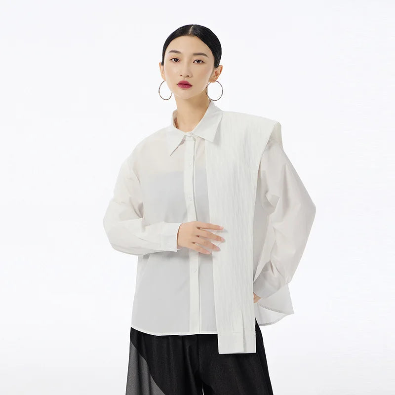 XITAO Solid Color Patchwork Women Shirt Single Breasted Turn-down Collar Long Sleeve Loose Personality Top 2024 Autumn DMJ4158