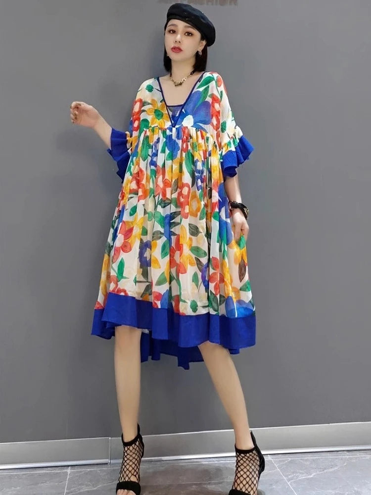 XITAO Pleated Loose Print Dress V-neck Patchwork Ruffles Casual Temperament Trend Personality Summer Woman Dress ZMY1281