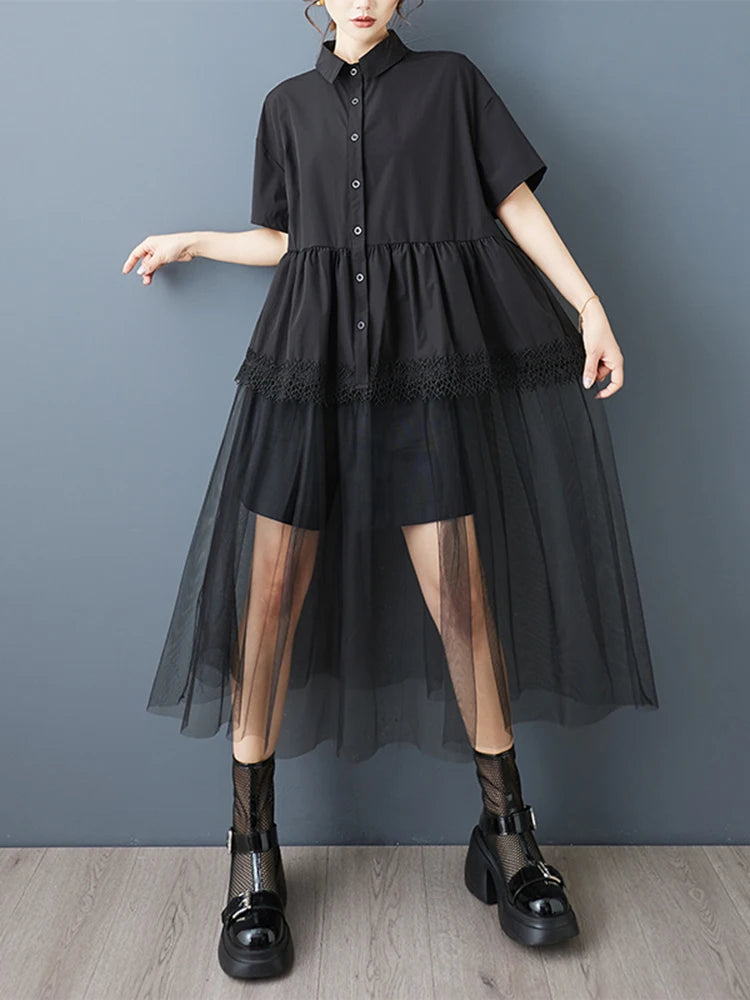 XITAO Gauze Patchwork Folds Female Dress Loose Turn-down Collar Solid Color Short Sleeve Temperament Woman Summer Dress ZMY1253