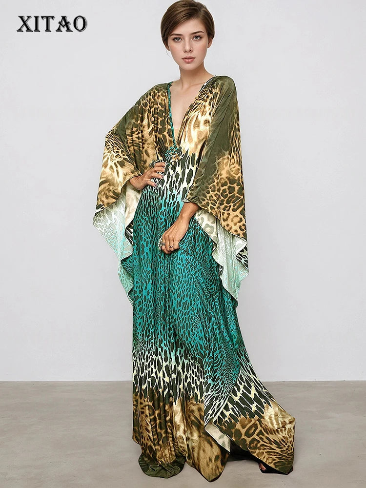 XITAO Leopard Print V-neck Dress Pullover Bat Wing Sleeve Loose Casual Vintage Temperament Summer Woman Personality Dress GJ1182